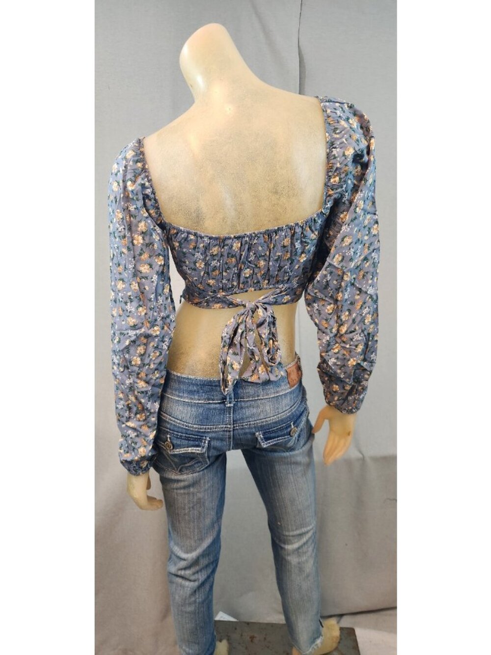 Altar'D State Blue Floral Long Slv Cropped Top Shirt Blouse XS XSMALL Womens NEW - Picture 6 of 8